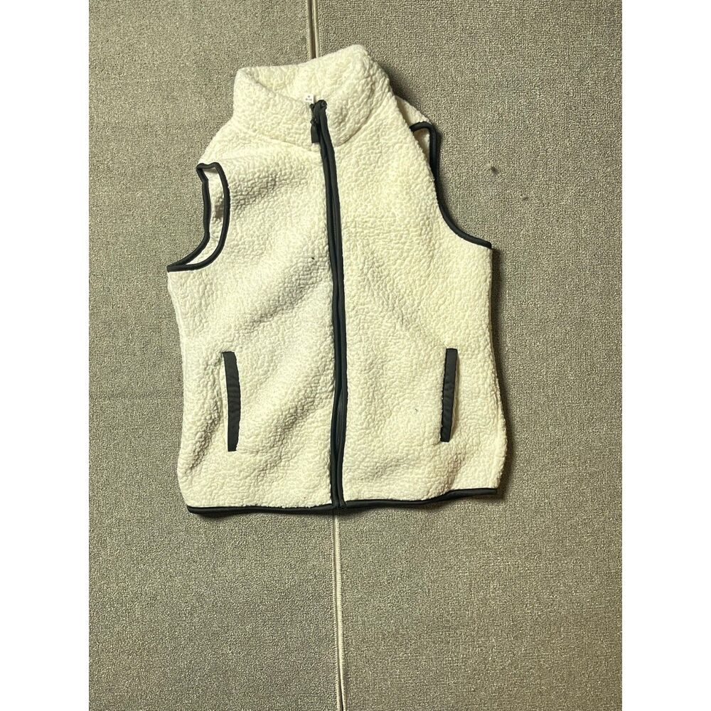 Time and Tru Womens Sherpa Fleece Vest Cream Ivory Navy Trim Full Zip Size M